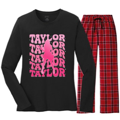 Girl Retro Taylor First Name Personalized Groovy 80S Women's Long Sleeve Flannel Pajama Set 