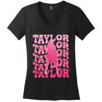 Girl Retro Taylor First Name Personalized Groovy 80S Women's V-Neck T-Shirt