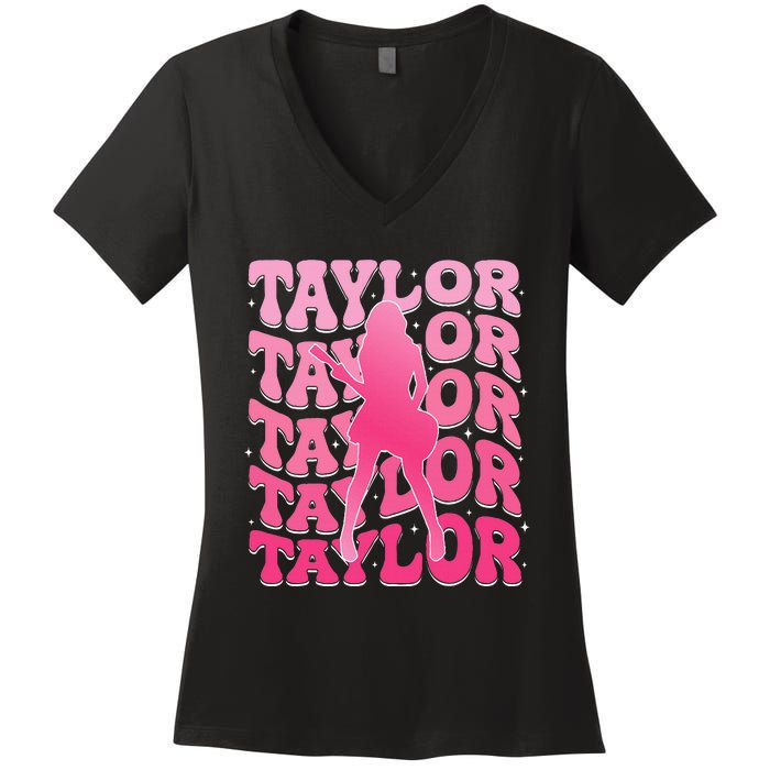 Girl Retro Taylor First Name Personalized Groovy 80S Women's V-Neck T-Shirt