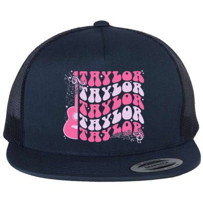 Girl Retro Taylor First Name Personalized Groovy Birthday Flat Bill Trucker Hat