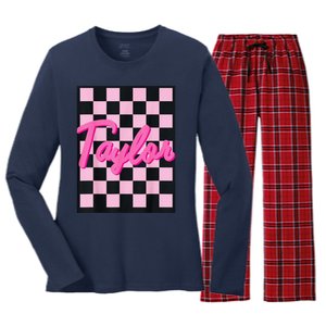 Girl Retro Taylor First Name Taylor Groovy Birthday Taylor Women's Long Sleeve Flannel Pajama Set 