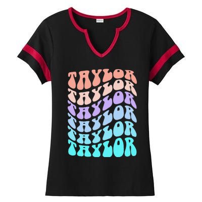 Girl Retro Taylor First Name Personalized Groovy Birthday Ladies Halftime Notch Neck Tee