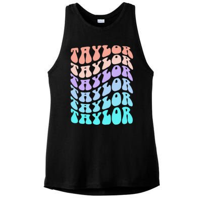 Girl Retro Taylor First Name Personalized Groovy Birthday Ladies PosiCharge Tri-Blend Wicking Tank