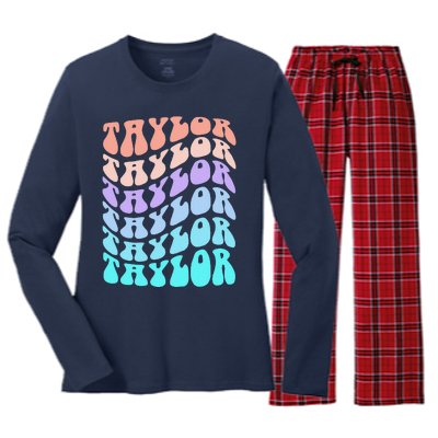 Girl Retro Taylor First Name Personalized Groovy Birthday Women's Long Sleeve Flannel Pajama Set 