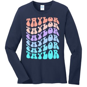 Girl Retro Taylor First Name Personalized Groovy Birthday Ladies Long Sleeve Shirt