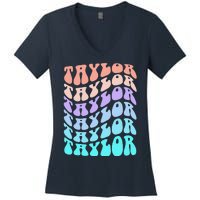 Girl Retro Taylor First Name Personalized Groovy Birthday Women's V-Neck T-Shirt