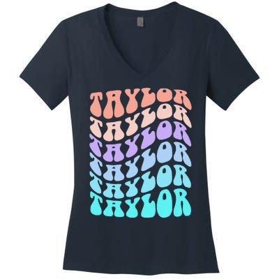 Girl Retro Taylor First Name Personalized Groovy Birthday Women's V-Neck T-Shirt