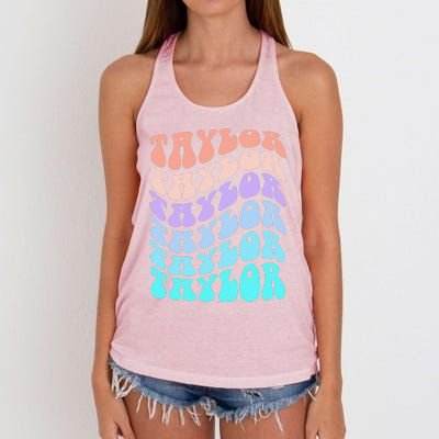 Girl Retro Taylor First Name Personalized Groovy Birthday Women's Knotted Racerback Tank