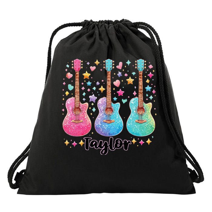 Girl Retro Taylor First Name Personalized Groovy 80S Pink Drawstring Bag