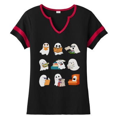 Ghost Reading Teacher Halloween Librarian Book Lover School Ladies Halftime Notch Neck Tee