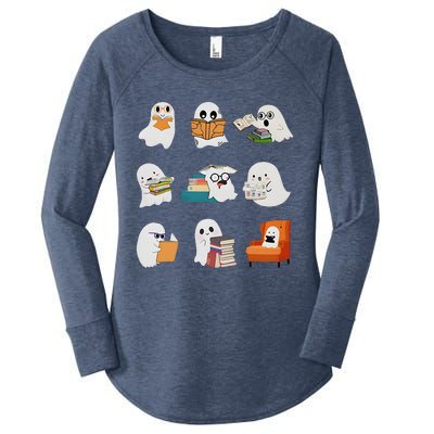 Ghost Reading Teacher Halloween Librarian Book Lover School Women's Perfect Tri Tunic Long Sleeve Shirt