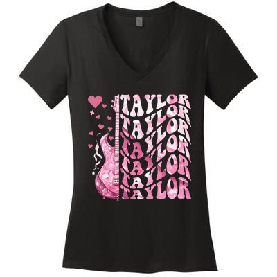 Girl Retro Taylor First Name Personalized Groovy Birthday Women's V-Neck T-Shirt