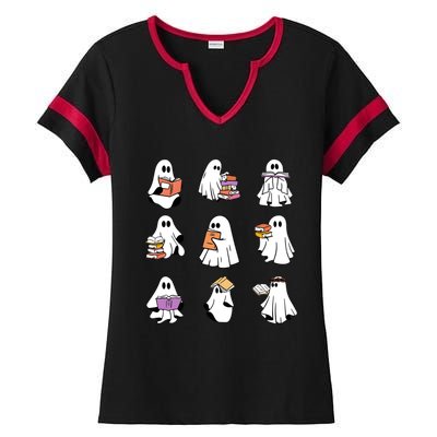 Ghost Reading Teacher Halloween Books Teacher Ladies Halftime Notch Neck Tee