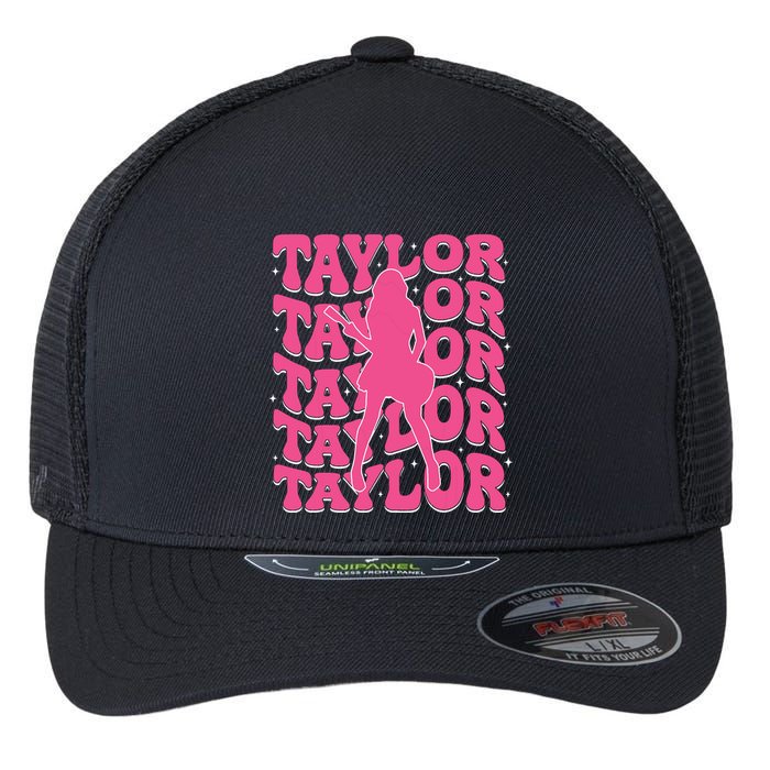 Girl Retro Taylor First Name Personalized Groovy 80s Flexfit Unipanel Trucker Cap