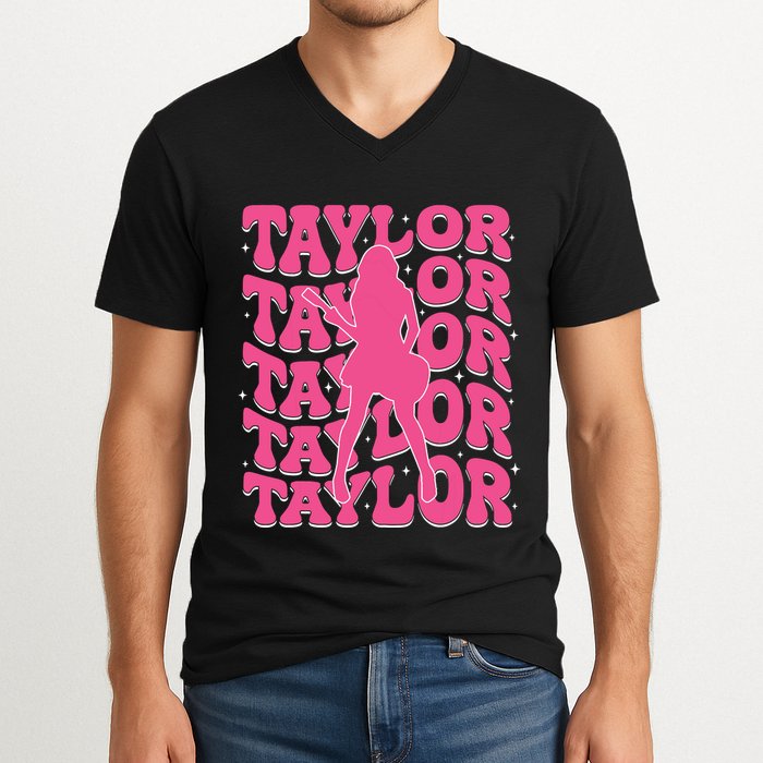 Girl Retro Taylor First Name Personalized Groovy 80s V-Neck T-Shirt