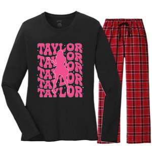 Girl Retro Taylor First Name Personalized Groovy 80s Women's Long Sleeve Flannel Pajama Set 