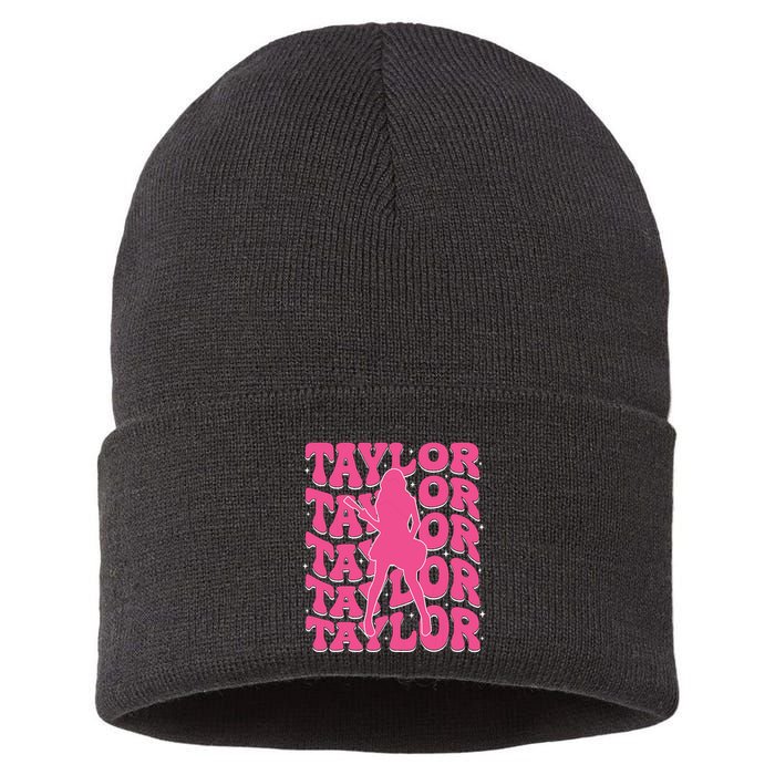 Girl Retro Taylor First Name Personalized Groovy 80s Sustainable Knit Beanie