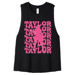 Girl Retro Taylor First Name Personalized Groovy 80s Women's Racerback Cropped Tank