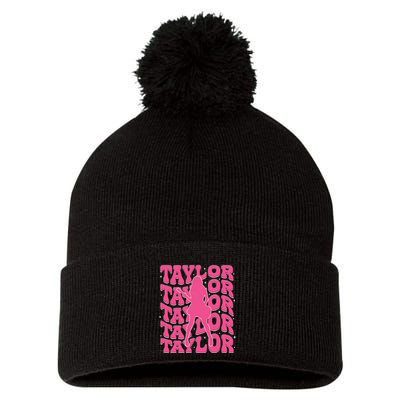 Girl Retro Taylor First Name Personalized Groovy 80s Pom Pom 12in Knit Beanie
