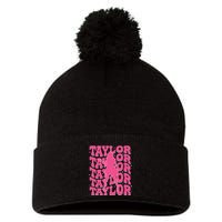 Girl Retro Taylor First Name Personalized Groovy 80s Pom Pom 12in Knit Beanie