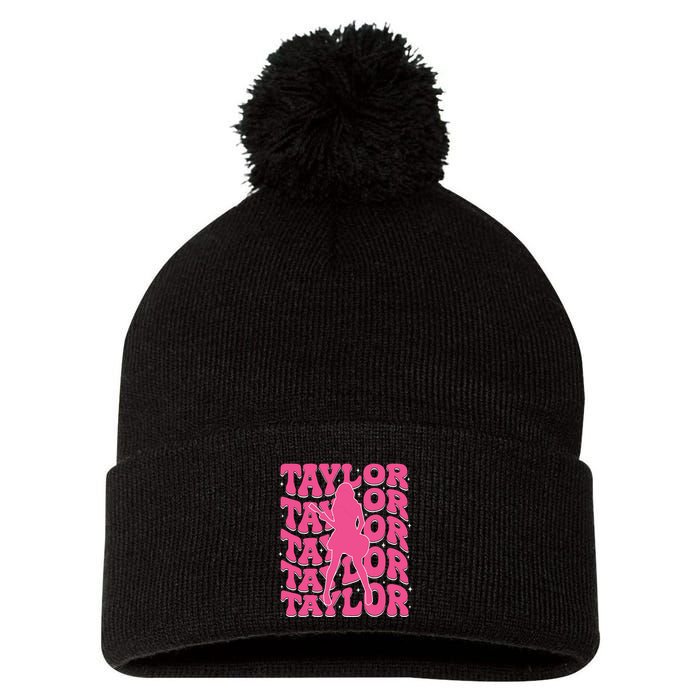 Girl Retro Taylor First Name Personalized Groovy 80s Pom Pom 12in Knit Beanie