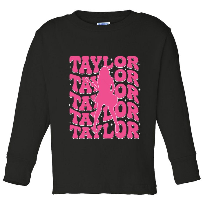 Girl Retro Taylor First Name Personalized Groovy 80s Toddler Long Sleeve Shirt