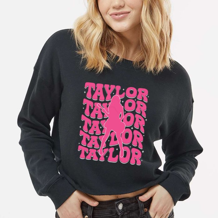 Girl Retro Taylor First Name Personalized Groovy 80s Cropped Pullover Crew