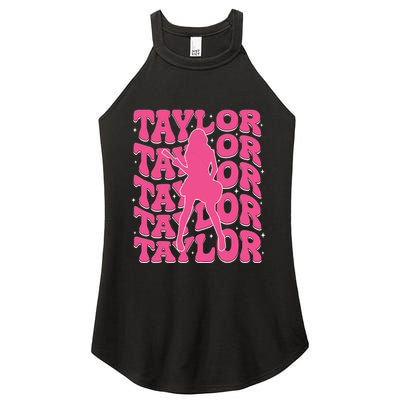 Girl Retro Taylor First Name Personalized Groovy 80s Women's Perfect Tri Rocker Tank