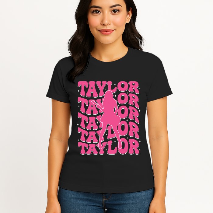 Girl Retro Taylor First Name Personalized Groovy 80s Womens T-Shirt