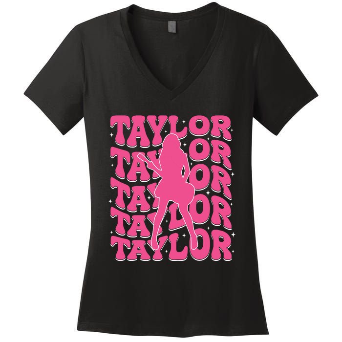 Girl Retro Taylor First Name Personalized Groovy 80s Women's V-Neck T-Shirt