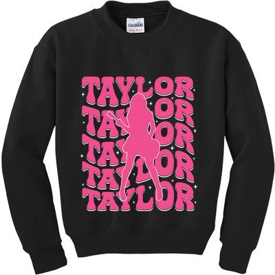 Girl Retro Taylor First Name Personalized Groovy 80s Kids Sweatshirt