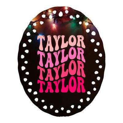 Girl Retro TAYLOR First Name Personalized Groovy Birthday Ceramic Oval Ornament