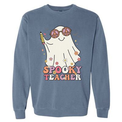 Groovy Retro Trick Or Treat Spooky Ghost Halloween Teacher Garment-Dyed Sweatshirt