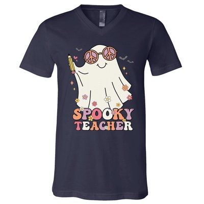 Groovy Retro Trick Or Treat Spooky Ghost Halloween Teacher V-Neck T-Shirt