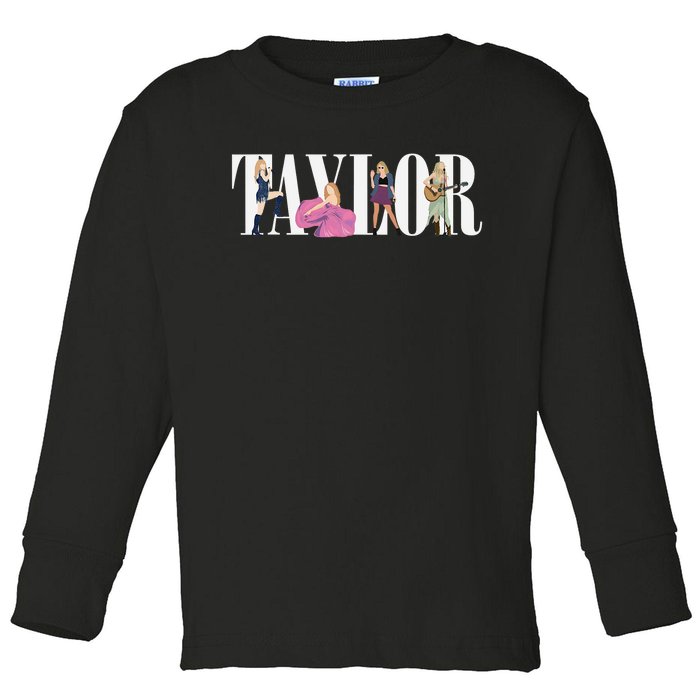 Girl Retro Taylor First Name Personalized Groovy 80s Toddler Long Sleeve Shirt