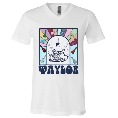 Girl Retro Taylor First Name Personalized V-Neck T-Shirt