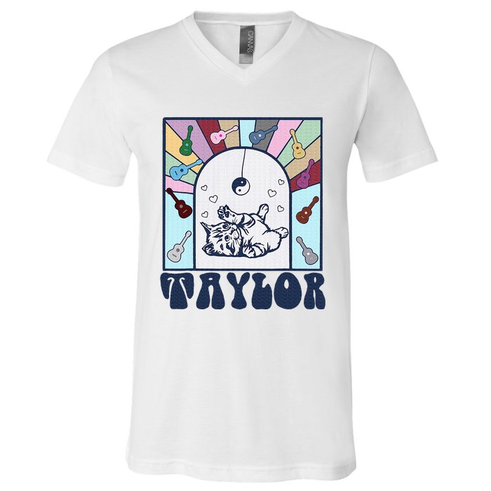 Girl Retro Taylor First Name Personalized V-Neck T-Shirt