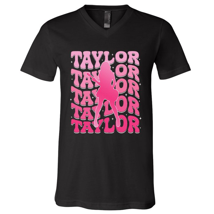 Girl Retro Taylor First Name Personalized Groovy 80S Gift V-Neck T-Shirt