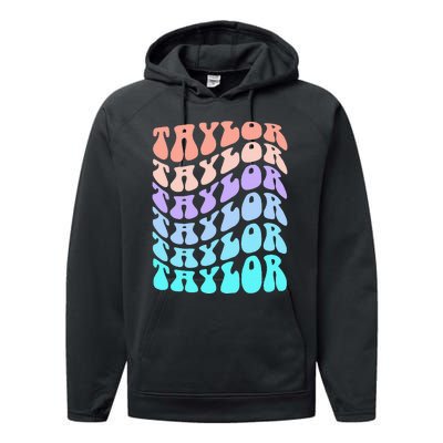 Girl Retro Taylor First Name Personalized Groovy Birthday Performance Fleece Hoodie