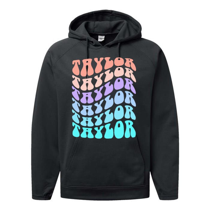 Girl Retro Taylor First Name Personalized Groovy Birthday Performance Fleece Hoodie