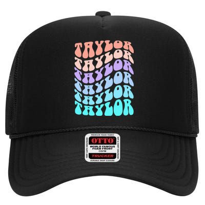 Girl Retro Taylor First Name Personalized Groovy Birthday High Crown Mesh Back Trucker Hat