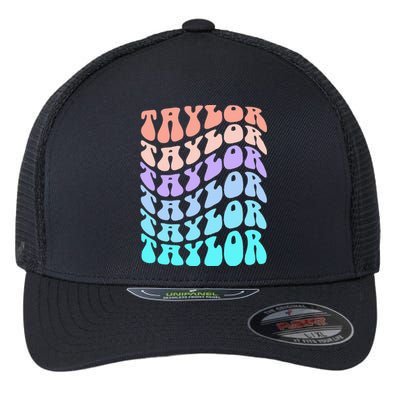 Girl Retro Taylor First Name Personalized Groovy Birthday Flexfit Unipanel Trucker Cap