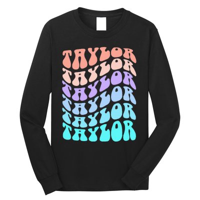 Girl Retro Taylor First Name Personalized Groovy Birthday Long Sleeve Shirt