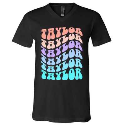 Girl Retro Taylor First Name Personalized Groovy Birthday V-Neck T-Shirt