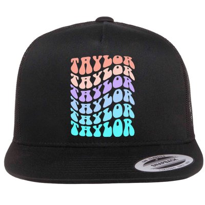 Girl Retro Taylor First Name Personalized Groovy Birthday Flat Bill Trucker Hat