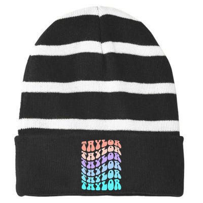 Girl Retro Taylor First Name Personalized Groovy Birthday Striped Beanie with Solid Band