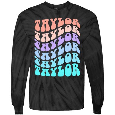 Girl Retro Taylor First Name Personalized Groovy Birthday Tie-Dye Long Sleeve Shirt