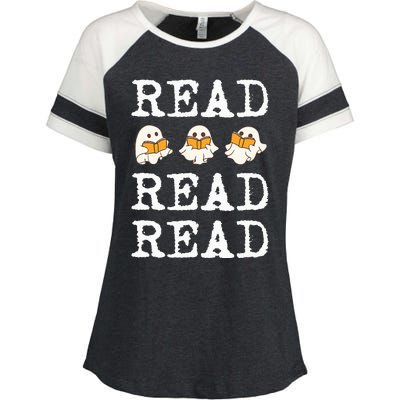 Ghost Reading Teacher Halloween Enza Ladies Jersey Colorblock Tee