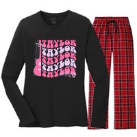 Girl Retro Taylor First Name Personalized Groovy Birthday Women's Long Sleeve Flannel Pajama Set 