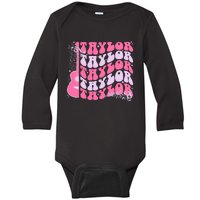 Girl Retro Taylor First Name Personalized Groovy Birthday Baby Long Sleeve Bodysuit